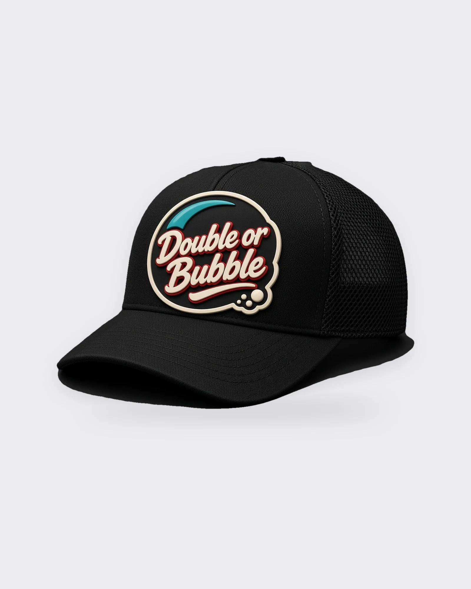 Black mesh-back trucker cap with a raised rubber Double or Bubble patch