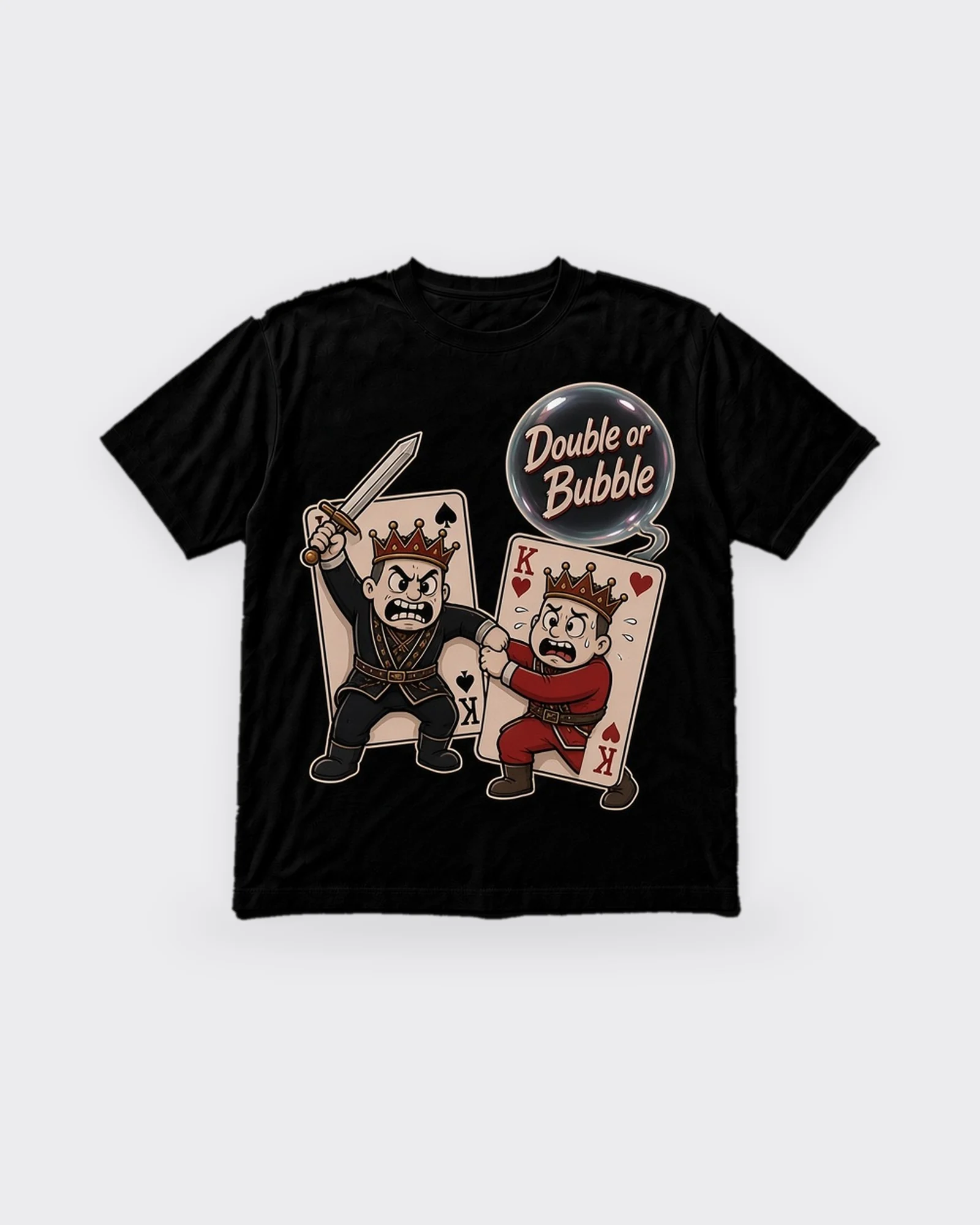 Black t-shirt with the King of Spades raising a sword to shove while the King of Hearts holds him back, under a Double or Bubble bubble